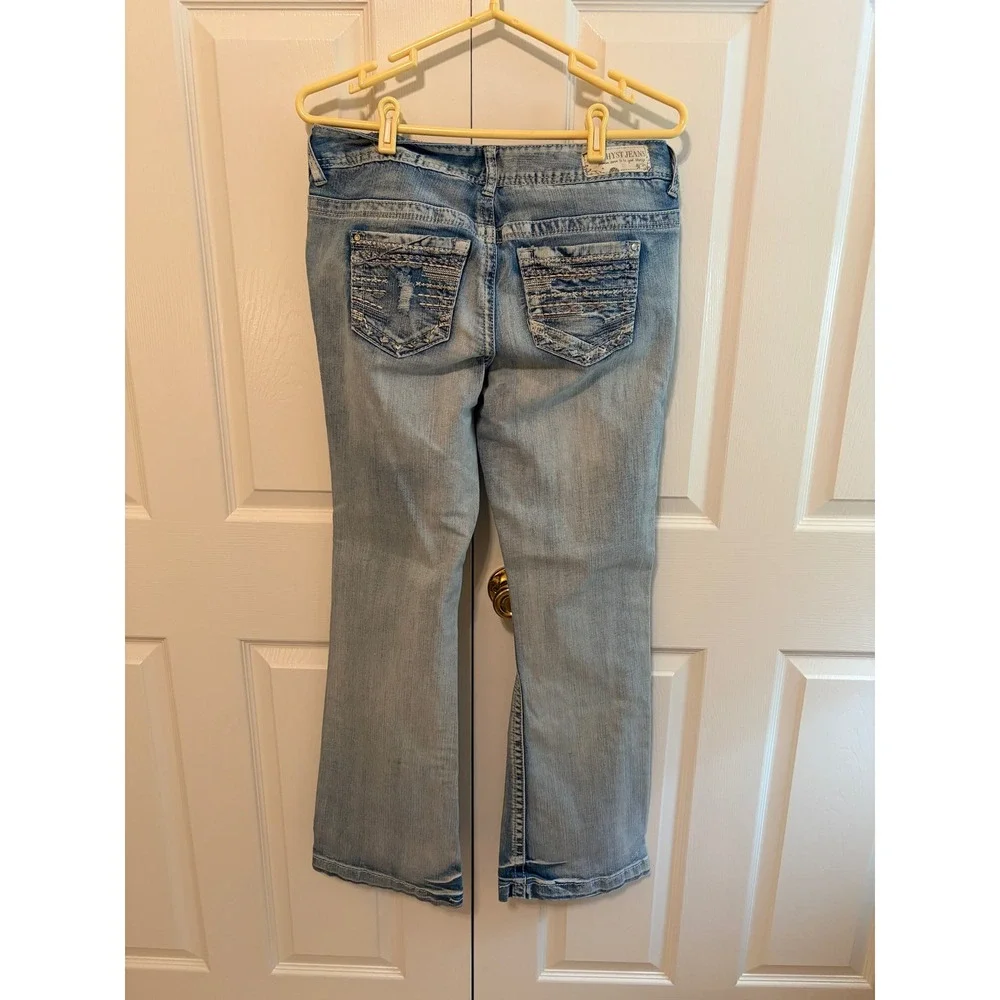 Vintage Amethyst Jeans Blue Distressed Embroidered Bootcut Flare Low Rise Y2K